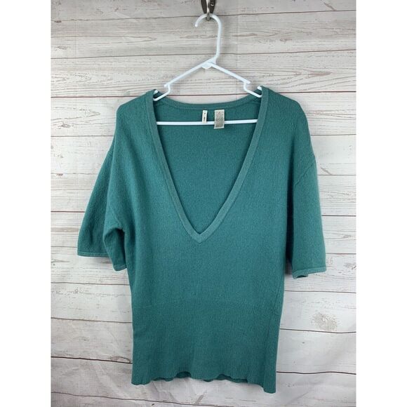 Anthropologie MOTH Sweater Womens Small Deep V Neck Green Rabbit/Cashmere‎ - Picture 1 of 5